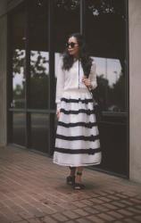 B & W: Striped Silk Skirt & Bow Sandals