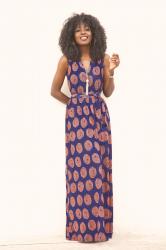 Printed V-Neck Shirring Maxi Dress