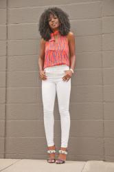 Printed Halter Top + White High Waist Jeans