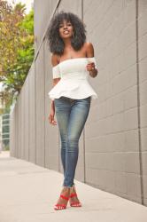Off Shoulder Peplum Top + Ankle Length Jeans