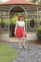 Work Outfit: Silver Top, Handmade Red Floral Skirt, and Silver Sandals