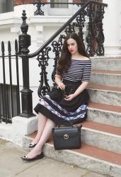 Bardot Stripe Top / Organza Panel Midi Skirt