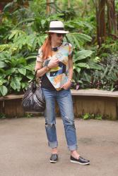 Summer Style | Multi-Coloured Patterned Top, Distressed Denim, Panama Hat