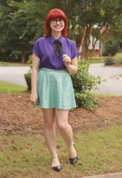 Outfit: Purple Silk Top, Sequined Seafoam Skater Skirt, Cateye Glasses and a Dotted Neck Tie