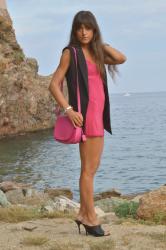 Pink Slip dress, Satin Mules and Mannish Vest ♥ Nuisette rose, mules satin et gilet masculin