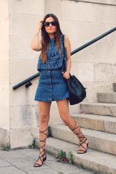 Ethnic top, denim skirt and roman sandals