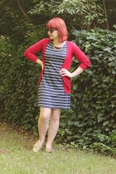 Outfit: Blue Striped Shift Dress, Red Cardigan, and Gold Glitter Loafers