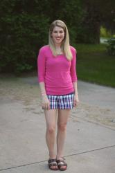 Plaid Shorts and Pink Sweater