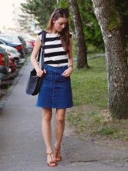 denim skirt & striped t-shirt