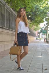 Denim skirt + Adidas