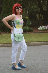 Outfit: Mint Green Satchel, Donut Print Bodysuit, and White High Waisted Jeans