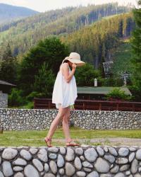 chiffon blouse with straw hat