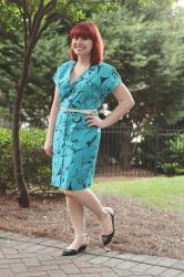 Outfit: Blue Abstract Floral Print 80s Dress and Two-toned Flats