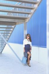 blue long pencil skirt