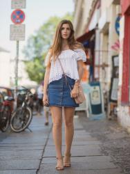 Rebecca Minkoff Off Shoulder Top, Denim and Nude
