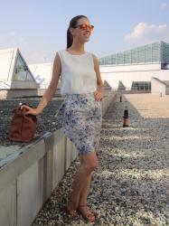 blue-rose floral skirt & orange sunglasses 