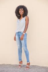 Cowl Neck Blouse + Distressed High Waist Jeans
