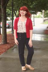 Work Outfit: Navy Sailor Pants, Red Short Sleeved Cardigan, Floral Print Top, and Tan Tassel Loafers