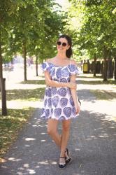 Outfit: off the shoulder dress with espadrille wedges