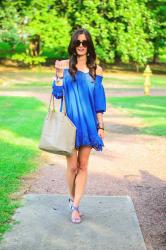Off-the-shoulder blue + Sole Society