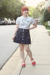 Outfit: Pinstriped Bow Neck Blouse, Navy Button Down Skirt, and Red Sandals