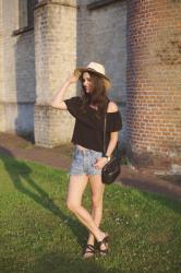 Outfit: off the shoulder crop top with denim shorts