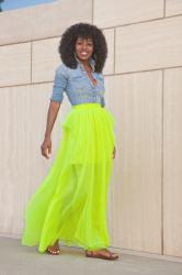 Denim Shirt + Neon Maxi Skirt