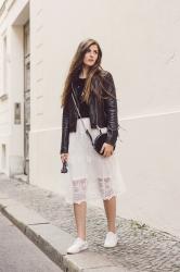 Fringed Leather Jacket and Lace Skirt
