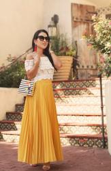 Lace Crop Top + Mustard Pleated Maxi