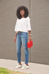Bell Sleeves Perforated Top + Stiletto Jeans