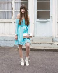 OUTFIT: Mint Off-Shoulder Dress 