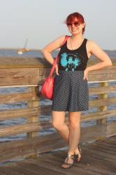 Outfit: Elephant Graphic Tank Top, Dotted Denim Skirt, Silver Sandals, & Red Sunglasses