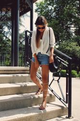 White blouse, denim shorts and golden sandals