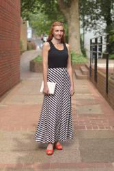 Birthday Dinner Outfit | Black and White Striped Maxi, Ruffled Collar, Orange Heels
