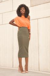 Off Shoulder Blouse + Military Pencil Midi Skirt