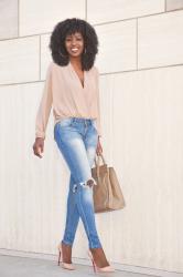 Long Sleeve Faux Wrap Blouse + Ripped Skinny Jeans