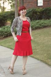 Work Outfit: Red Modcloth Sheath Dress, Zebra Print Cardigan, and Tan Peeptoe Heels