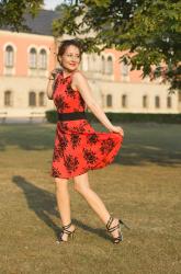 Coral Dress with Black Flowers
