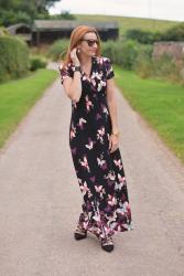 A Butterfly Print Maxi Dress With Black Lace-up Heels