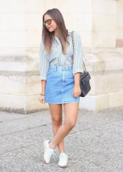 Stripes and denim skirt