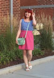 Outfit: Pink Pencil Skirt, Blue Anchor Print Top, Mint Green Satchel, and White Sandals