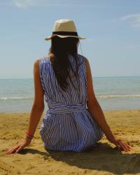 blue striped tie-waist dress