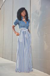 Fitted Denim Shirt + Striped Maxi Skirt