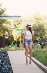 Lace Off-Shoulder Crop Top + Distressed Boyfriend Shorts