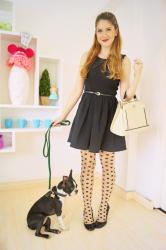 {Outfit}: Black dress and polka dot tights