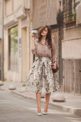 GREY MIDI SKIRT WITH BIRDS