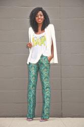 Cape Blazer + Banana Print Tank + Brocade Pants