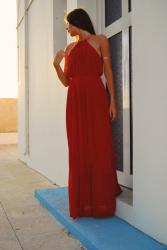 Red wine maxi dress in Greece