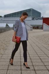 striped blazer with red handbag