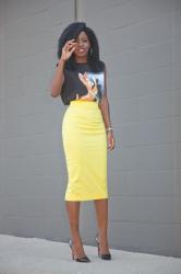 Bambi Print Tee + Yellow Pencil Skirt